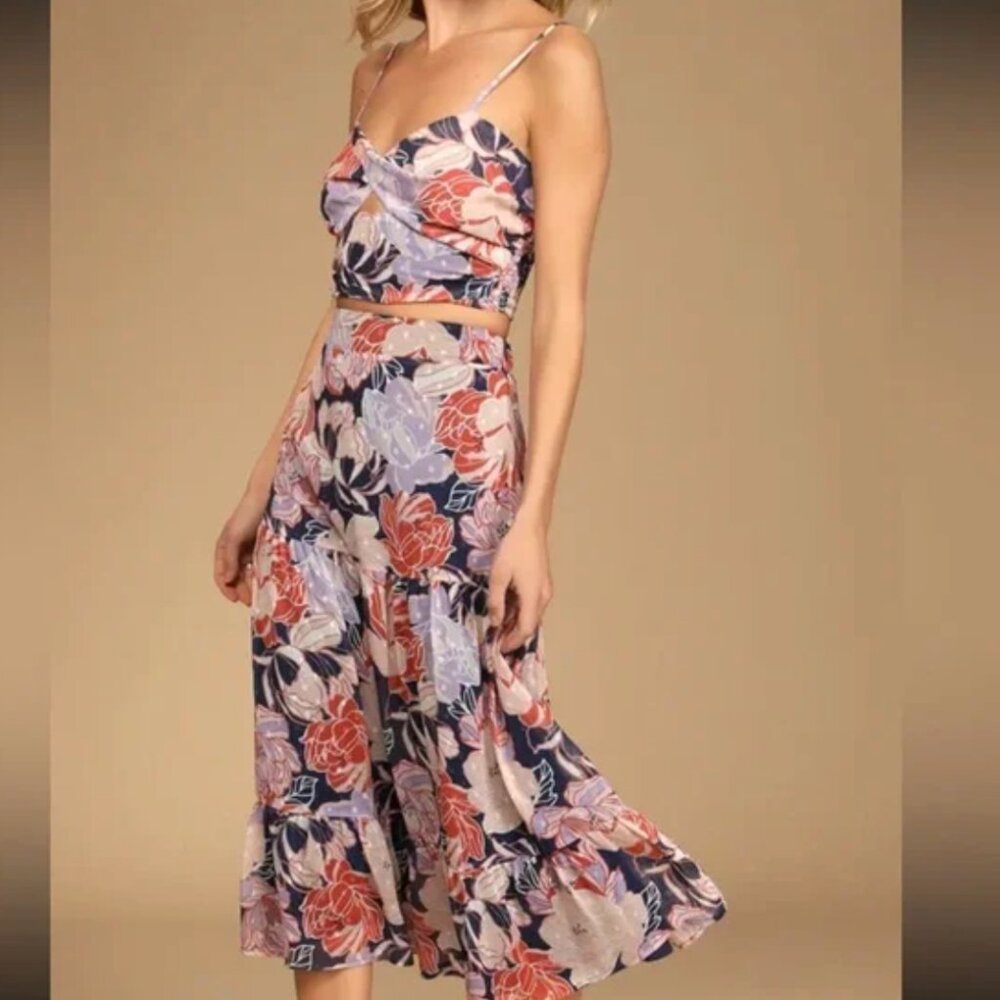 Lulus - Floating Through Flowers Floral Two-Piece Midi Dress Set